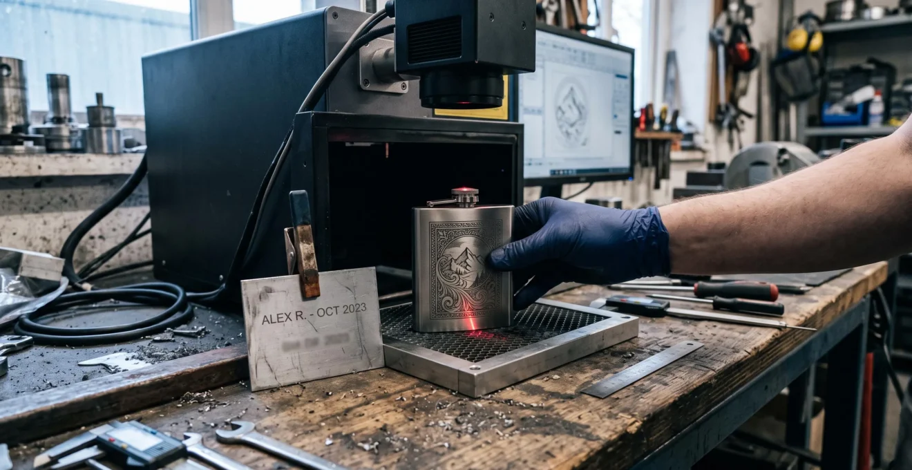 Un graveur compare une flasque gravée générique à une autre dans son atelier.