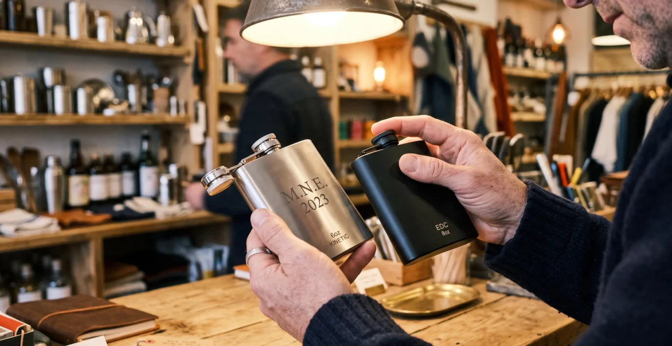 Des mains vérifient la finition et les soudures de deux flasques en métal.
